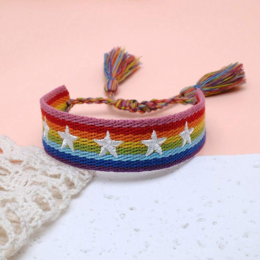 1pc Star Decor Handmade Braided Bracelet, Creative Embroidery Design, Suitable For Party, Beach, Travel, Gift For Friends, Family, Classmates - Colorful - View 1