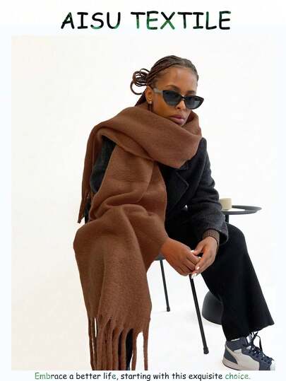1pc Women's Solid Color Fluffy Long Scarf, Warm Neck Wrap For Winter, Oversized Thick Fringed Knit Shawl In Coffee Color