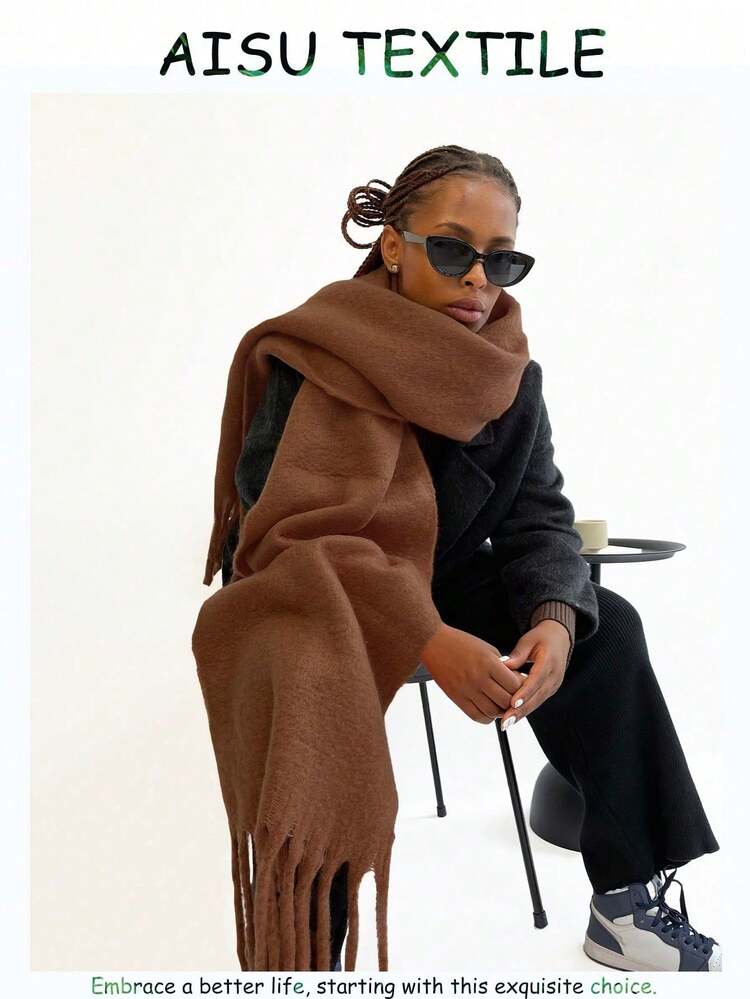 1件装女士纯色蓬松长围巾，冬季保暖围脖，超大加厚流苏针织披肩，咖啡色 - HM05-咖色 - 查看 1