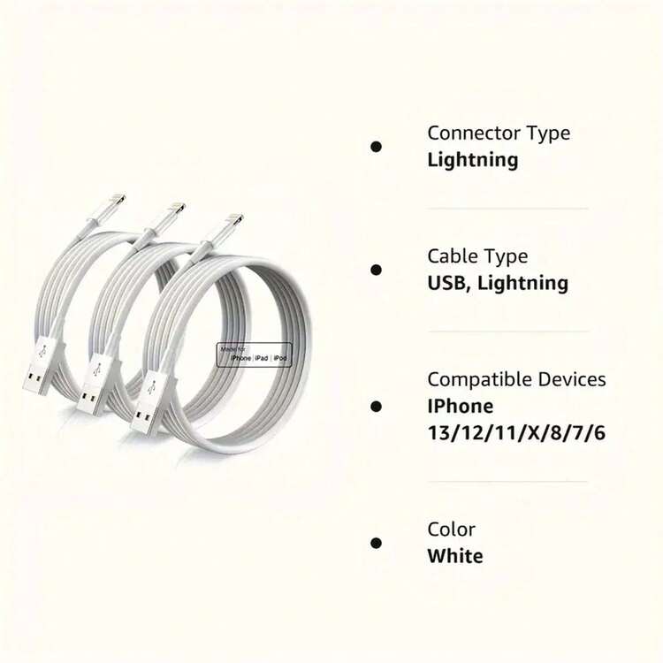 Durcord 3.28 英尺/6.6 英尺充电器线 Lightning 数据线，MFi 认证 USB A 转 Lightning 充电线，兼容 13 12 11 /Mini Pro XR Xs Max X SE 8 7 6 Plus/iPad /兼容 iPod/兼容 - 白色 Nan - 彩色 - 查看 7