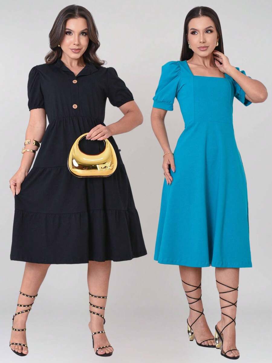 Milimetrica Kit 2 Women's Midi Dress Evangelical Fashion Elegant Princess Sleeve Evangelical Congregate - Xem 1