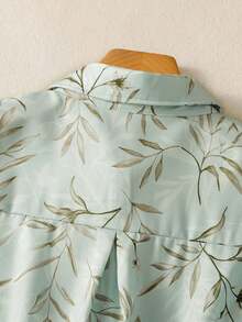 女士休闲树叶印花长袖衬衫，时尚纽扣领衬衫，适合秋、冬、春季穿着 - 淺藍色 - 查看 9