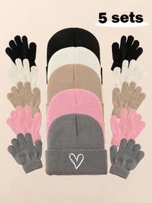 5 pezzi/set Cappellini a cuore per bambini piccoli, berretti invernali per bambini e bambine, cappelli lavorati a maglia caldi per bambini, accessori invernali per neonati - Multicolore - Visualizzare 5