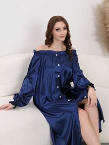 Satynowa koszula nocna z falbanką dla kobiet, rozkładana piżama z odkrytymi ramionami i długim rękawem, wygodna sukienka domowa, przytulne stroje