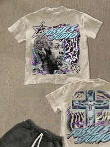 (220 Cotton T-Shirt Double-Sided Printing)  Y2k Style  Pattern Men's Casual Soft 100% Cotton All-Match Crew-Neck Short-Sleeved T-Shirt - 米色 - 查看 2