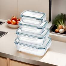 STARLEY-Set 4 fiambreras borosilic rectangulares 370-600-1000-1500ml,Juego de 4 recipientes de almacenamiento de alimentos de cristal,recipientes de vidrio con tapas - Blanco - Ver 9