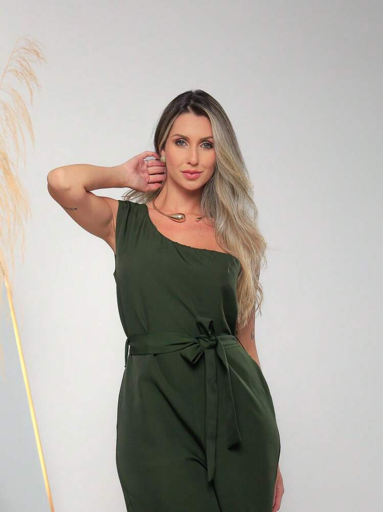Women's Elegant One-Shoulder Jumpsuit With Pockets And Tie Belt C3152 - 軍綠色 - 查看 6
