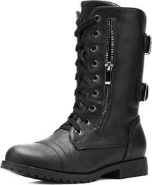 Women's Mid Calf Built-In Wallet Pocket Lace Up Combat Boots, Fashionable Combat Boots - Classic Brown - View 2