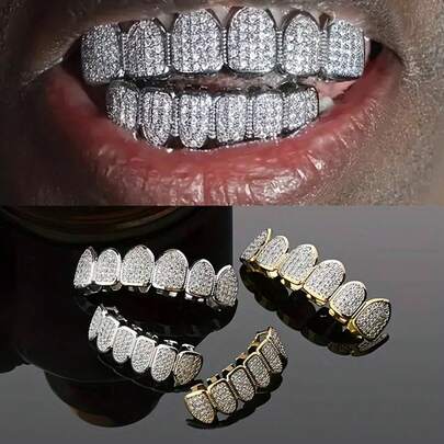 Diamond Grillz, Unisex, Răng giả mạ bạc và vàng phong cách Hip Hop, Phù hợp cho cả răng trên và răng dưới, Răng giả hóa trang cho rapper, Thích hợp cho dạ hội hóa trang, nhập vai, biểu diễn sân khấu, lễ hội hóa trang, hòa nhạc, chương trình rap, lễ hội, giải trí quán bar, hội chợ vui chơi