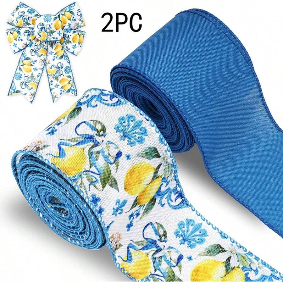 2 Rolls, Lemon Wired Edge Ribbon - Blue Tile Lemon Floral Craft Ribbon With Stitched Edges, Durable Polyester For Summer Birthday Gift Wrapping, Wreath & DIY Crafts