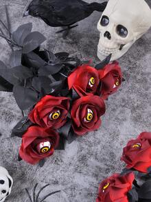 2PCS/5PCS/10PCS 玫瑰人造花人造血玫瑰和眼睛花束仿真单枝长茎假丝玫瑰束适合派对、家庭、万圣节 DIY 装饰 - 萬聖紅玫瑰黃眼 - 查看 4