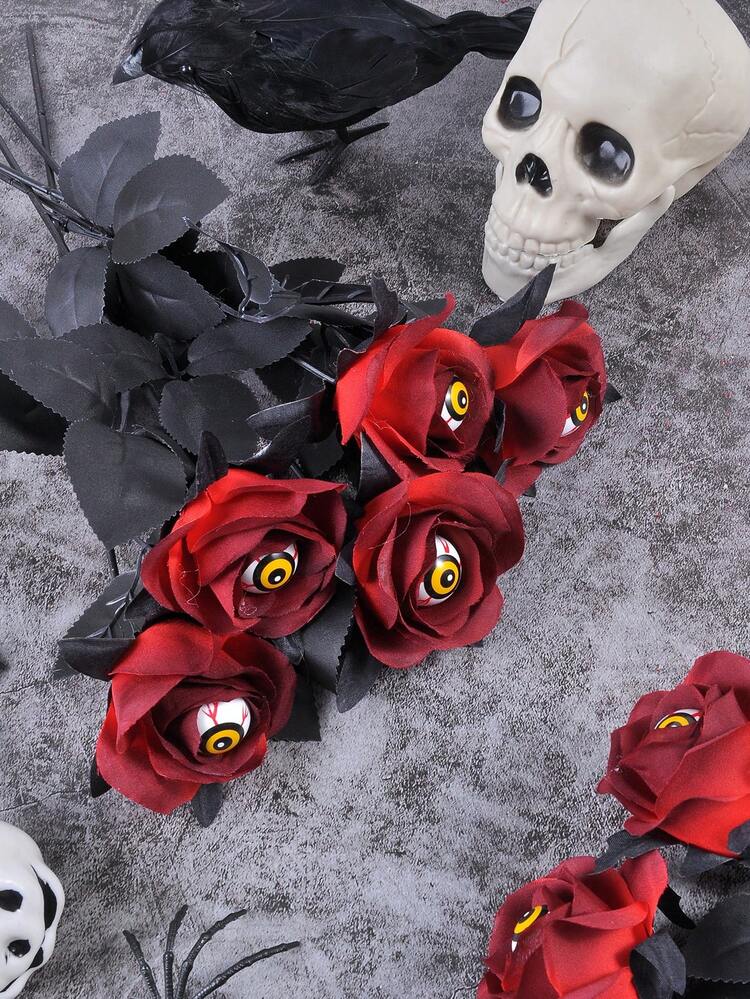 2PCS/5PCS/10PCS 玫瑰人造花人造血玫瑰和眼睛花束仿真单枝长茎假丝玫瑰束适合派对、家庭、万圣节 DIY 装饰 - 萬聖紅玫瑰黃眼 - 查看 4