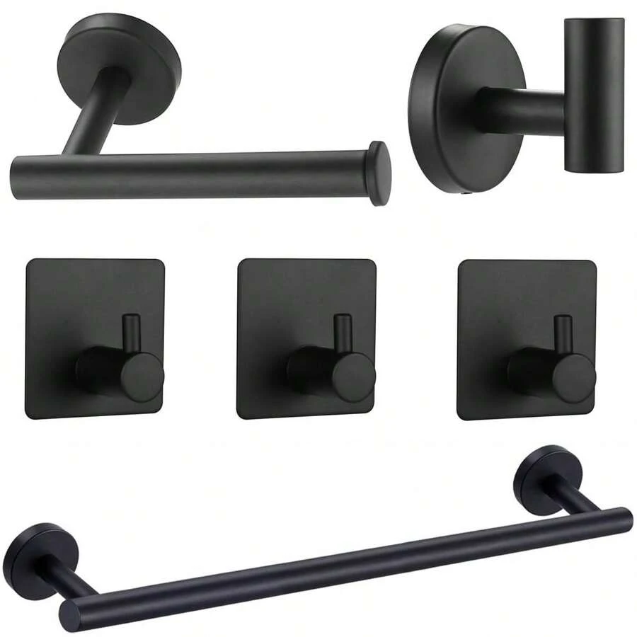 6pcs Stainless Steel Bathroom Accessories Set Including Towel Bar, Toilet Paper Holder, Wall Mount Hooks, Robe Hooks, Coat Hooks For Bathroom Hardware Sets