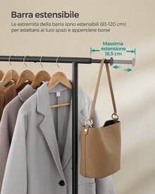 SONGMICS Stand Appendiabiti con Ruote, Attaccapanni Estensibile in Metallo, con Ripiano Portaoggetti Rialzato, 40 x (83-120) x 156 cm, Portata Totale 45 kg, Nero Inchiostro - nero - Visualizzare 2