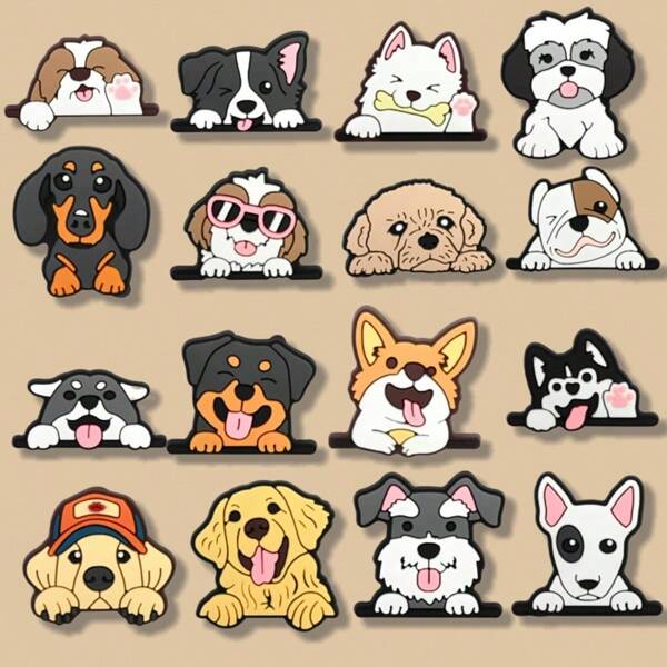 16pcs Dog Theme Shoe Charms Decoration Set, Suitable For Shoes, Bags, Bracelets And Accessories - Detachable Creative DIY Decorations - Ideal Gifts For Birthday, Christmas, Valentine's Day, Halloween And Parties, Basic Metal Animal Eyes