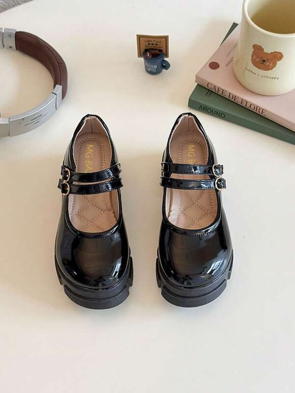 Girls' Double-Buckle Decorated Glossy Leather Anti-Slip Round Toe Thick-Soled College Style Small Leather Shoes, Suitable For Campus Outfits And Festival Outings