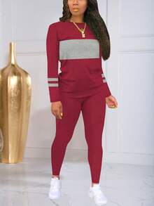 条纹拼接印花运动长袖上衣和裤子套装（春季款） - 酒紅色 - 查看 3
