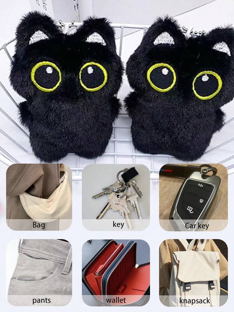 1pc Big-Eyed Black Cat Plush Pendant Cute Black Kitten Keychain Cute White Plush Kitten Bag Keychain Ornaments Student Backpack Pendant Cute Plush Pendant Schoolbag Pendant Car Keychain Cartoon Keychain, Keychain Ornaments Small Pendant Couple Keychain Boys And Girls Gifts, Friends Gifts, Event Souvenirs. - Multicolor - View 8