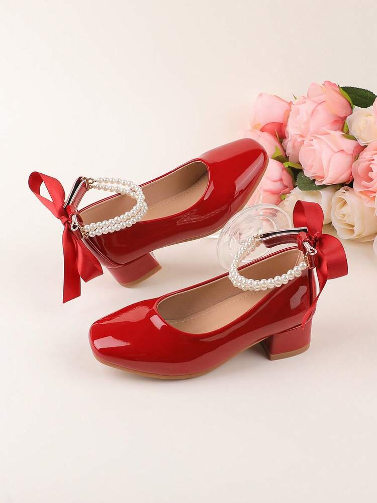 礼服鞋、表演鞋、芭蕾玛丽珍公主鞋、小皮鞋、适合婚礼、派对、聚会、度假、花童、女孩、儿童、幼儿、时尚红色、酒红色、蝴蝶结、珍珠、四季皆宜、优雅、高跟、粗跟平底鞋 - 酒紅色 - 查看 3