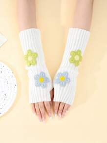 1 双儿童花卉露指手套，女童 Y2K 风格针织臂套，秋冬款