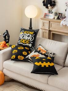 1pc Halloween Ghost& Witch& Spider& Pumpkin Exquisite Embroidery Cushion Pillowcase, Decorated For Multiple Room Types And Sizes, Machine Washable, Zipper Closure, No Pillow Core Home Decor Halloween Decor Room Decor Pillow Case Pillow Cases Cushion Cover Cushion Covers