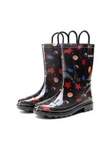 Kids' Waterproof Rain Boots Lightweight Pull-On Toddler Boots With Handles For Girls & Boys Cute Playtime Outdoor Shoes Black - 黑色 - 查看 6