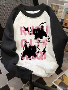 1 件女孩街头卡通闪电印花插肩袖卫衣，柔软舒适，春秋日常休闲装