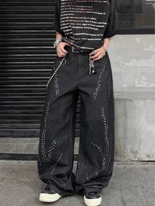 Infinite Jeans 1pc American Vintage Personalized Rhinestone Distressed Ripped Wide Leg Jeans Loose Fit Long Pants For Men (Product Does Not Include Belt And Accessories) - Black - View 3