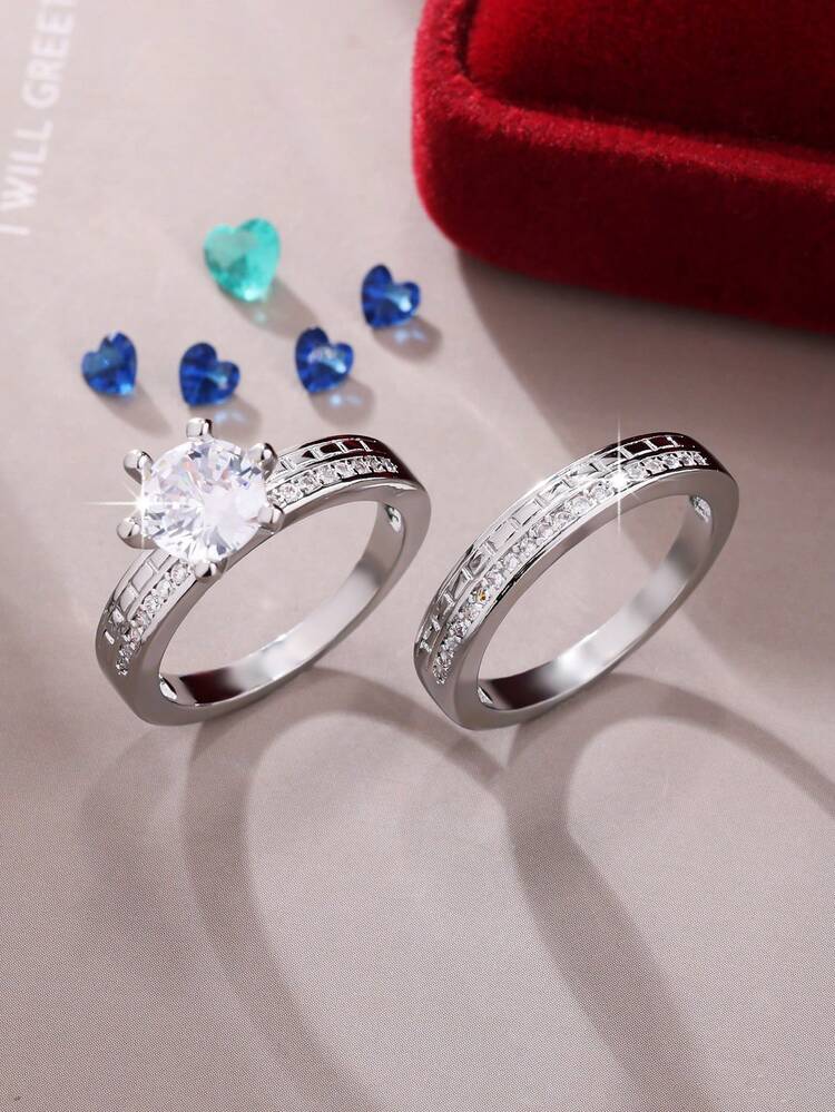 两枚经典优雅闪亮六爪圆形白色锆石戒指，情侣结婚订婚周年纪念情人节生日珠宝礼物 - 銀色 - 查看 7