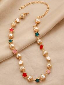 1 件时尚精致仿珍珠串珠项链，镂空花朵和三叶草设计优雅颈链，适合女性日常、派对、婚礼穿着或礼物 - 金黃色 - 查看 2