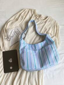 Large Capacity Women's Cloth Bag, Shoulder Bag, Casual Versatile Striped Tote Bag - Blue - View 5