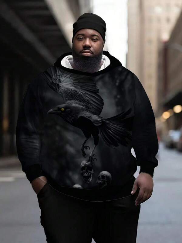 Sudadera con capucha de manga larga para hombre de talla grande con estampado de cuervo pisando un cráneo, sudadera casual oscura, versátil para exteriores, uso diario, gimnasio, entretenimiento, adecuada para primavera y otoño