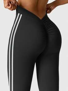 Speed mate 女士侧条纹修身阔腿裤，瑜伽运动喇叭裤，抓绒内衬，冬季款 - 黑色 - 查看 5