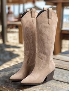 Botas vaqueras altas con puntera puntiaguda, tacón grueso y bordados para otoño/invierno para mujer - Caqui - Ver 15