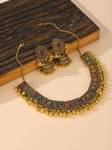 3pcs Luxury Aluminum Alloy Earrings + Colorful Crystal Necklace Fashion Jewelry Set, Suitable For Women To Wear At Banquets Or Weddings - Jhumka - View 6