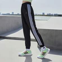 Adidas 女子新款跑步訓練褲舒適三條紋休閒褲束腳梭織長褲 - 黑色 - 查看 2