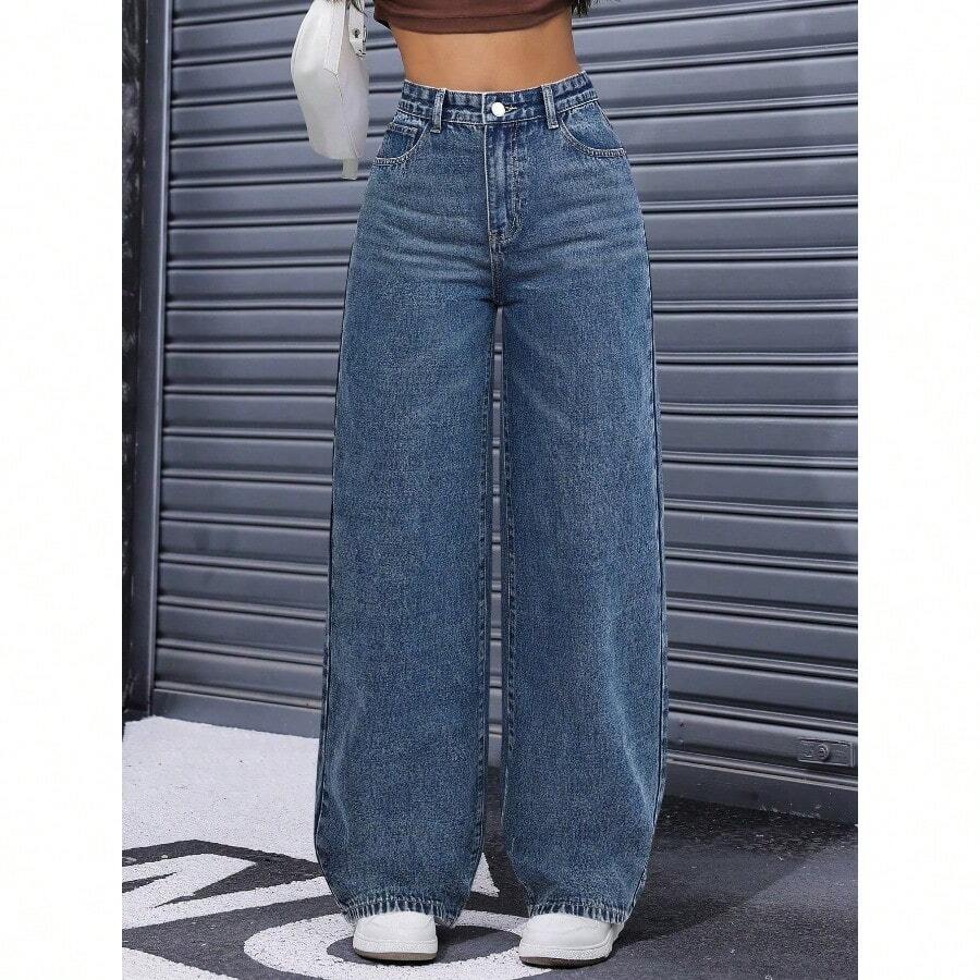 Solid High Waist Wide Leg Slant Pocket Jeans - 藍色 - 查看 1