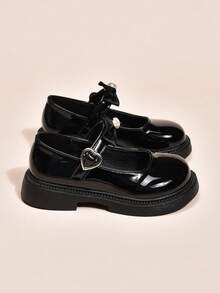 Zapatos de princesa con decoración de lazo y corazón para niñas, zapatos elegantes de estilo británico para la escuela/actuaciones, moda coreana - Negro - Ver 3