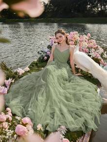 Faeriesty Elegant Women's Evening Gown With Delicate Thin Straps, Sheer Tulle Fabric, And Tiered Ruffle A-Line Skirt | Sophisticated Formal Dress For Wedding Receptions, Masquerade Balls, Mystical Garden Parties, Formal Dinners, Black-Tie Events, Graduation Dress & Birthday Women Outfits,Spring Dresses Summer Outfits - Green - View 7