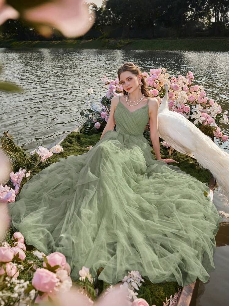 Faeriesty Elegant Women's Evening Gown With Delicate Thin Straps, Sheer Tulle Fabric, And Tiered Ruffle A-Line Skirt | Sophisticated Formal Dress For Wedding Receptions, Masquerade Balls, Mystical Garden Parties, Formal Dinners, Black-Tie Events, Graduation Dress & Birthday Women Outfits,Spring Dresses Summer Outfits - Green - View 6