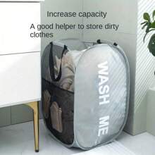 1pc Large Capacity Double-Sided Printed Clothes Mesh Basket, Portable Foldable Bathroom Wall-Mounted Dirty Clothes Hamper, Plush Doll Storage Basket. Modern Nylon Design, Multi-Layer, Suitable For Organizing Shirts, Socks And Other Household Cleaning And Laundry Supplies.