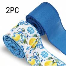 2 Rolls, Lemon Wired Edge Ribbon - Blue Tile Lemon Floral Craft Ribbon With Stitched Edges, Durable Polyester For Summer Birthday Gift Wrapping, Wreath & DIY Crafts