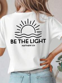 Be The Light Graphic T-Shirt, 180 G/M² Cotton T-Shirt With Double-Sided Print, Round Neck, Casual And Fashionable Style For Women (1 Piece) - 白色 - 查看 4
