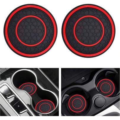 2PCS Car Cup Holder Coasters |   2.75 Non-Slip Anti-Dust Mats Car Interiors |   Inserts (Red)