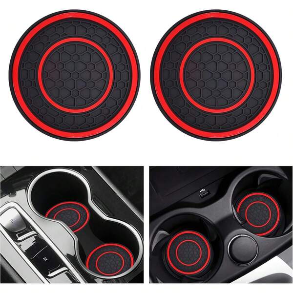 2PCS Car Cup Holder Coasters |   2.75 Non-Slip Anti-Dust Mats Car Interiors |   Inserts (Red)