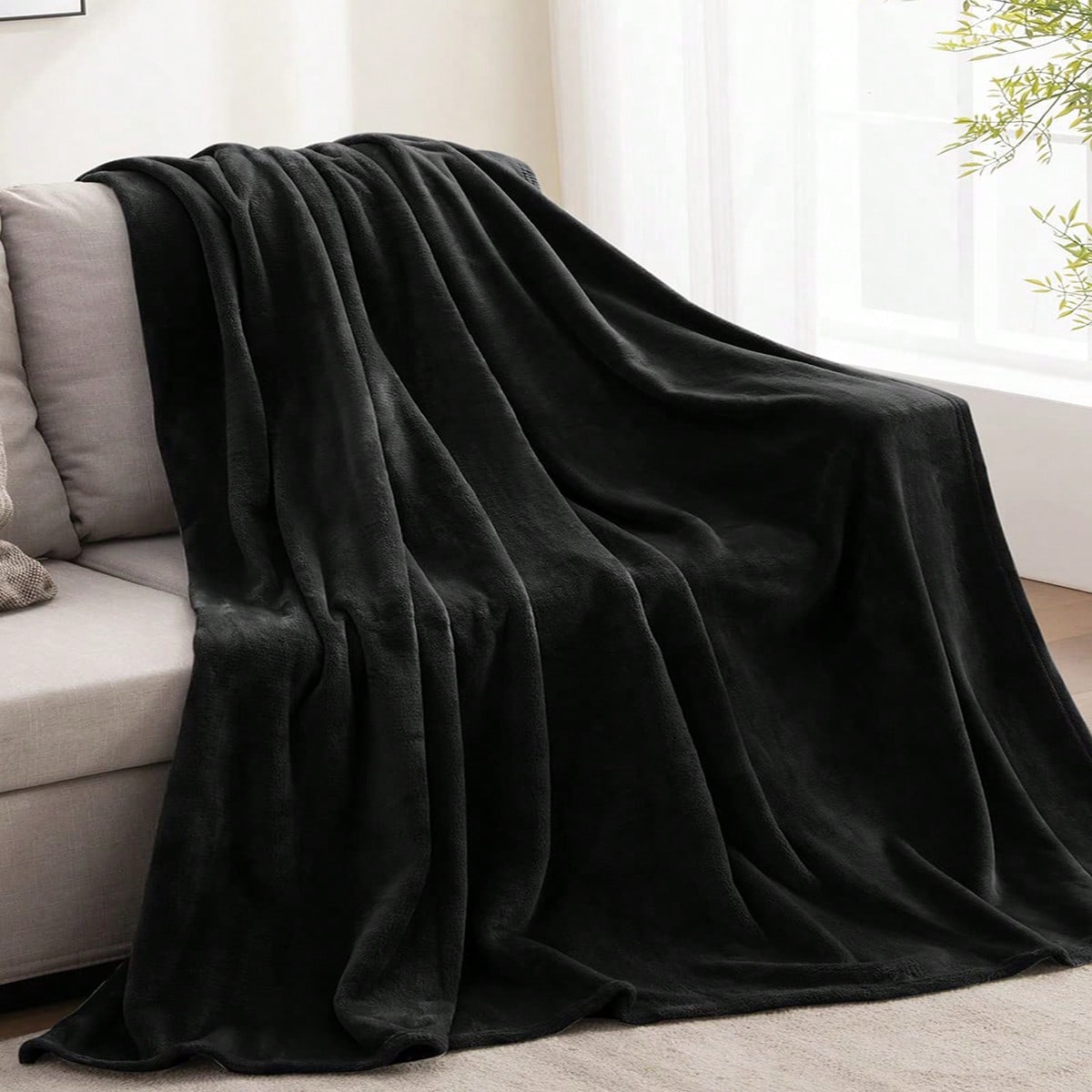 Pieza Manta de franela negra, manta suave y cálida moderna para sofá, manta de cama acogedora