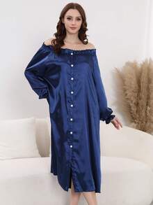 Satynowa koszula nocna z falbanką dla kobiet, rozkładana piżama z odkrytymi ramionami i długim rękawem, wygodna sukienka domowa, przytulne stroje