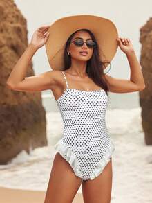 Traje de baño monokini para mujer, color sólido, tirantes finos, volantes, sin mangas, traje de baño de verano, bikini - Blanco - Ver 4