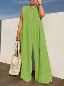 Summer Women's Casual Coveralls Solid Color Round Neck Sleeveless Loose Wide Leg Jumpsuit Streetwear Playsuit - màu xanh lá - Xem 2