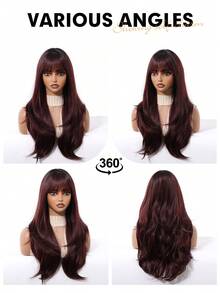 Straight Bangs 24 "Red Wig Fashion Flamboyant Elegant Wig Daily Party Wig Christmas Holiday Party Wig,Halloween Christmas Gifts,Gifts For Girlfriends,Summer,Festival Care,Natural Sexy Simple Casual Sports Preppy Cosplay Heat Resistant Fake Hair Or Holiday Party Everyday Wear,For Party,Music Festival Use - 酒紅色 - 查看 9